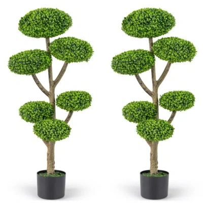 Costway Set Of 2 Indoor Outdoor 6 Balls Topiary Tree With Realistic Trunk And Weighted Cement-filled Base In Green