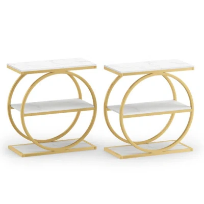 Costway Set Of 2 Industrial Faux Marble Side Table With Metal Frame For Small Spaces-white In Brown