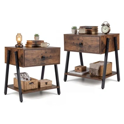 Costway Set Of 2 Industrial Nightstand With Adjustable Foot Pads For Bedroom-rustic Brown