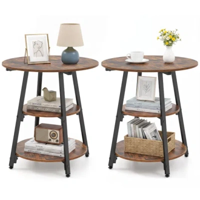 Costway Set Of 2 Industrial Side Tables With 3-tier Shelves & Metal Frame For Small Space-rustic Brown