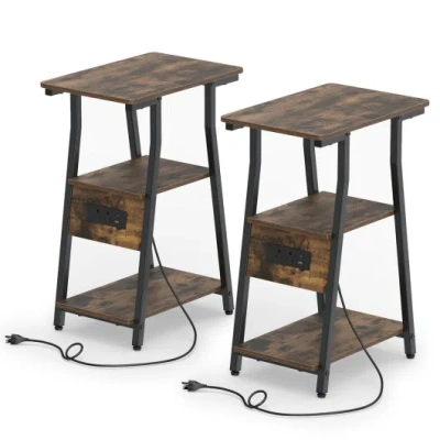 Costway Set Of 2 Industrial Side Tables With Charging Station & 3-tier Shelves For Small Space-rustic Brown