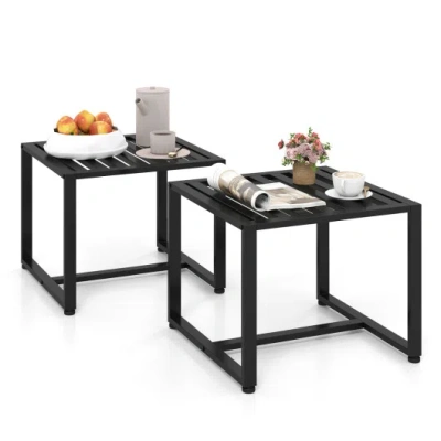 Costway Set Of 2 Metal End Tables With Slatted Tabletop-black