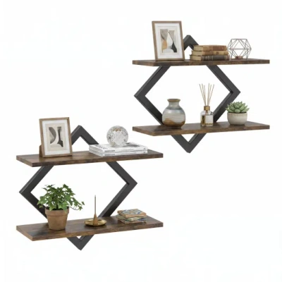 Costway Set Of 2 Metal Floating Shelves For Wall With Geometric Frame-rustic Brown