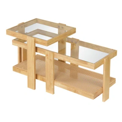 Costway Set Of 2 Nesting Coffee Table With Boho Rattan Accent Table-natural In Brown
