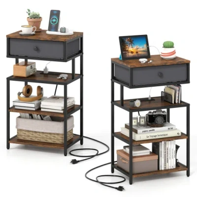 Costway Set Of 2 Nightstand With Charging Station 28 Inch Tall Bedside Table With Fabric Drawer-rustic Brown In Black