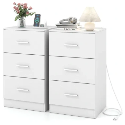 Costway Set Of 2 Nightstand With Charging Station End Table With 3 Storage Drawers Bedside Table For Bedroom In White