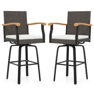 Costway Set Of 2 Outdoor 360° Swivel Bar Stool With Cushion And Acacia Wood Armrests In Black