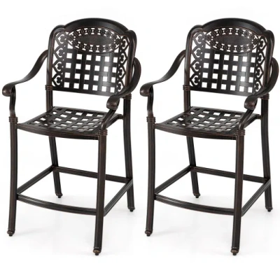 Costway Set Of 2 Outdoor Bar Stool 25.5 Inch Counter Height Cast Aluminum Bar Chairs-copper In Black
