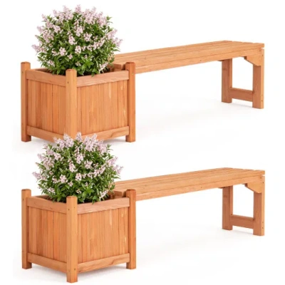 Costway Set Of 2 Outdoor Bench With Raised Garden Bed With Spacious Seat And Detachable Bottom Plates-orange In Brown