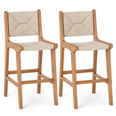 Costway Set Of 2 Outdoor Counter Height Bar Stool Woven Paper Rope Patio Barstool With Teak Wood Frame In Brown
