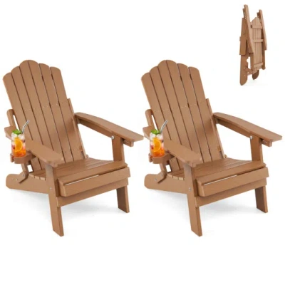 Costway Set Of 2 Outdoor Folding Adirondack Chair With Cup Holder And 5-level Backrest-coffee In Brown