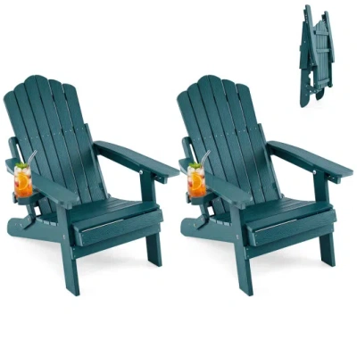 Costway Set Of 2 Outdoor Folding Adirondack Chair With Cup Holder And 5-level Backrest-green