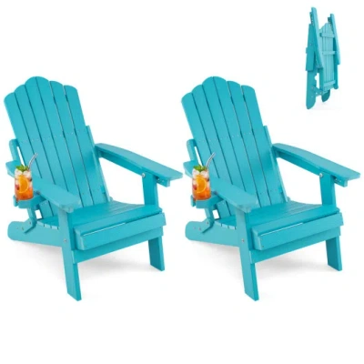 Costway Set Of 2 Outdoor Folding Adirondack Chair With Cup Holder And 5-level Backrest-turquoise In Blue