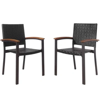 Costway Set Of 2 Outdoor Patio Pe Rattan Dining Chairs In Black