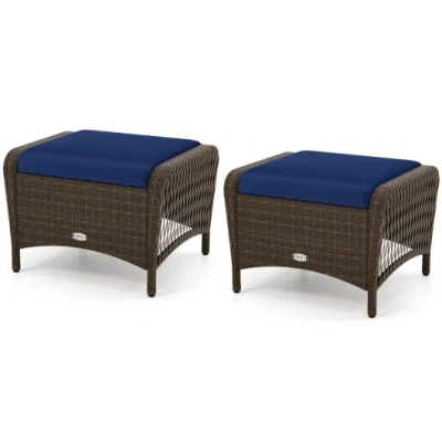 Costway Set Of 2 Outdoor Patio Pe Wicker Ottomans With Removable Cushions-navy In Blue