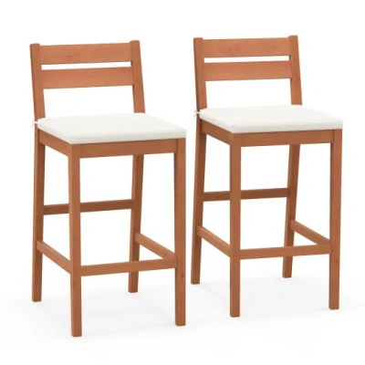 Costway Set Of 2 Outdoor Wood Barstools With Soft Seat Cushion-off White In Brown