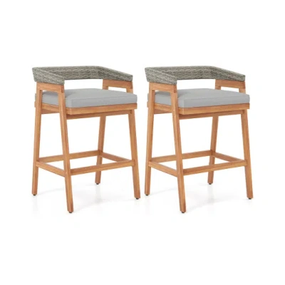 Costway Set Of 2 Patio Acacia Wood Counter Height Bar Stools With Cushions And Pe Wicker Backrests Footrests In Brown