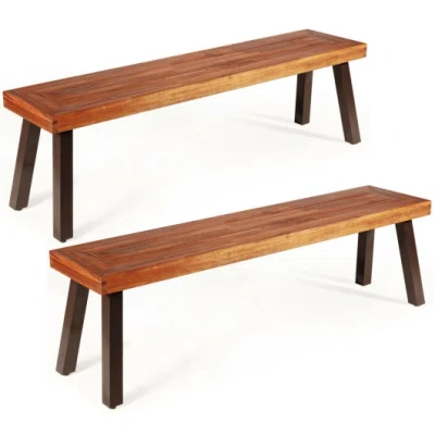 Costway Set Of 2 Patio Acacia Wood Dining Benches In Brown