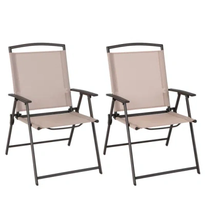 Costway Set Of 2 Patio Dining Chairs With Armrests And Rustproof Steel Frame-beige In Black