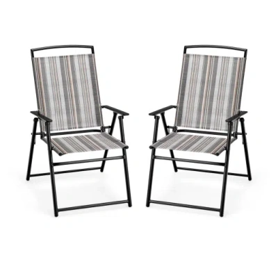 Costway Set Of 2 Patio Folding Sling Chairs Space-saving Dining Chair-gray In Multi