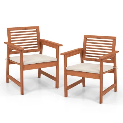 Costway Set Of 2 Patio Solid Wood Dining Chairs With Cushions And Slatted Seat In Brown