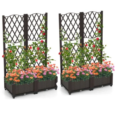Costway Set Of 2 Pe Rattan Raised Garden Bed With Trellis Planter Box For Climbing Plants-rustic Brown In Animal Print