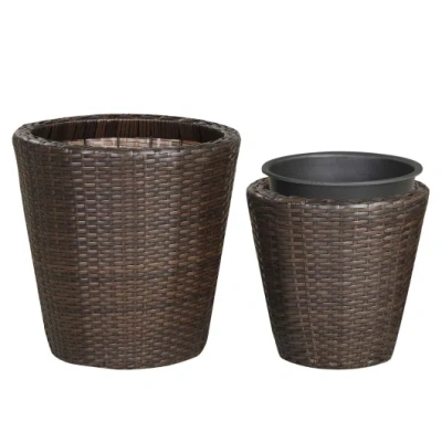 Costway Set Of 2 Plastic Taper Rattan Planters With Drainage Holes And Saucers-brown