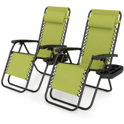 Costway Set Of 2 Portable Zero Gravity Chairs With Cup Holder Trays And Backrest -green In Animal Print