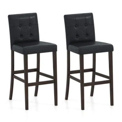 Costway Set Of 2 Pvc Dining Leather Bar Stools With Solid Wood Legs-29 Inches In Black