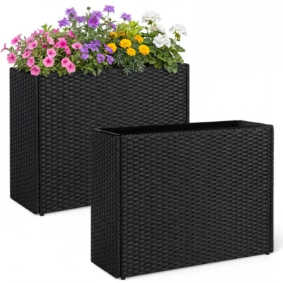 Costway Set Of 2 Raised Garden Bed All-weather Pe Rattan Wicker Flowerpot With Liner In Black