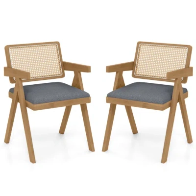 Costway Set Of 2 Rattan Accent Chairs With Padded Cushion And Rubber Wood Frame-gray In Brown