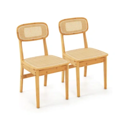 Costway Set Of 2 Rattan Dining Chairs With Simulated Rattan Backrest-natural In Brown