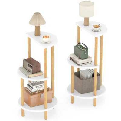 Costway Set Of 2 Round Side Table Compact With 3-tier Shelves And Bamboo Construction-white In Multi