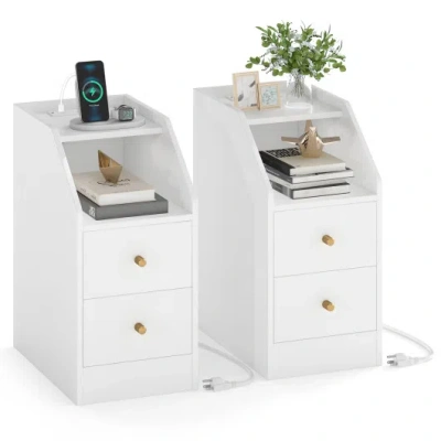 Costway Set Of 2 Side End Tables With Charging Station Sofa Couch Tables With Shelf Drawers-white