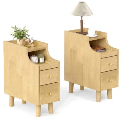 Costway Set Of 2 Solid Wood Night Side Table With Pull-out Tray And 2 Storage Drawers-natural In Brown
