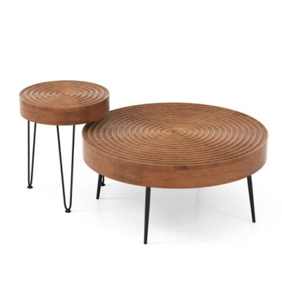 Costway Set Of 2 Solid Wood Ring Pattern Farmhouse Round Coffee Tables-brown