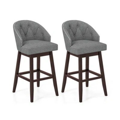 Costway Set Of 2 Swivel Bar Stools With Rubber Wood Legs And Padded Back-gray