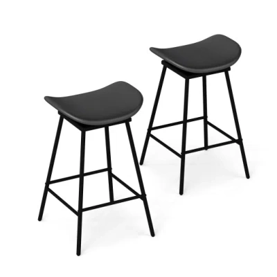 Costway Set Of 2 Swivel Barstools Faux Leather Upholstered Backless With Footrest-black