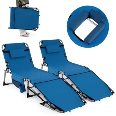 Costway Set Of 2 Tanning Chairs With Face Arm Holes Portable With 4-level Backrest-blue