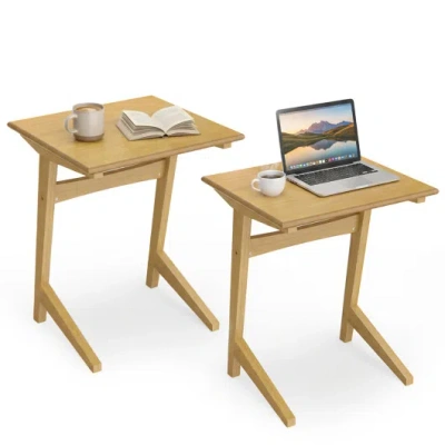 Costway Set Of 2 Wood Sofa Side Table C-shaped End Table With Wood Veneered Top In Brown