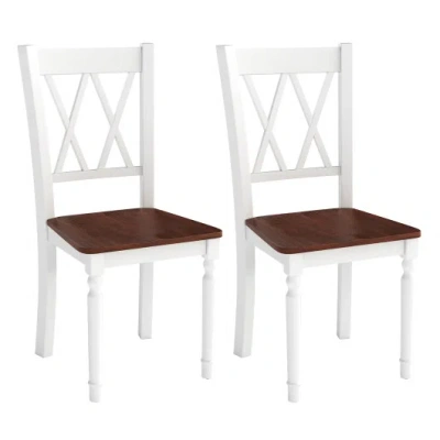 Costway Set Of 2 Wooden Farmhouse Kitchen Chairs With Rubber Wood Seat-2 Pieces In White