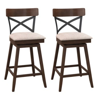 Costway Set Of 2 Wooden Swivel Bar Stools With Cushioned Seat And Open X Back-25 Inch In Brown