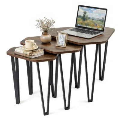 Costway Set Of 3 Nesting Coffee Tables With Engineered Wood Top And Metal Frame For Living Room-rustic Brown