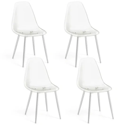 Costway Set Of 4 Dining Chairs Modern Plastic Shell Side Chair With Clear Seat And Wood Legs-silver In White