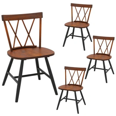 Costway Set Of 4 Dining Chairs With Rubber Wood Frame And Curved Cross Back-dark Brown