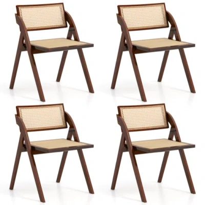 Costway Set Of 4 Foldable Dining Chairs With Woven Rattan Backrest-brown