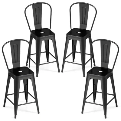 Costway Set Of 4 Metal Bar Stools With Backrests And Footrests-black
