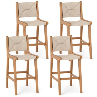 Costway Set Of 4 Outdoor Counter Height Bar Stool Woven Paper Rope Patio Barstool With Teak Wood Frame In Brown