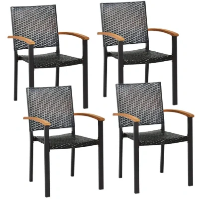 Costway Set Of 4 Outdoor Patio Pe Rattan Dining Chairs With Powder-coated Steel Frame In Gray