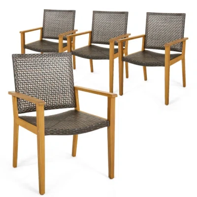 Costway Set Of 4 Outdoor Rattan Chair With Sturdy Acacia Wood Frame-set Of 4 In Multi